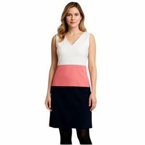 TALBOTS DRESS~10~WHITE PINK NAVY COLOR BLOCK~SLEEVELESS~KNEE LENGTH~KNIT~V NECK